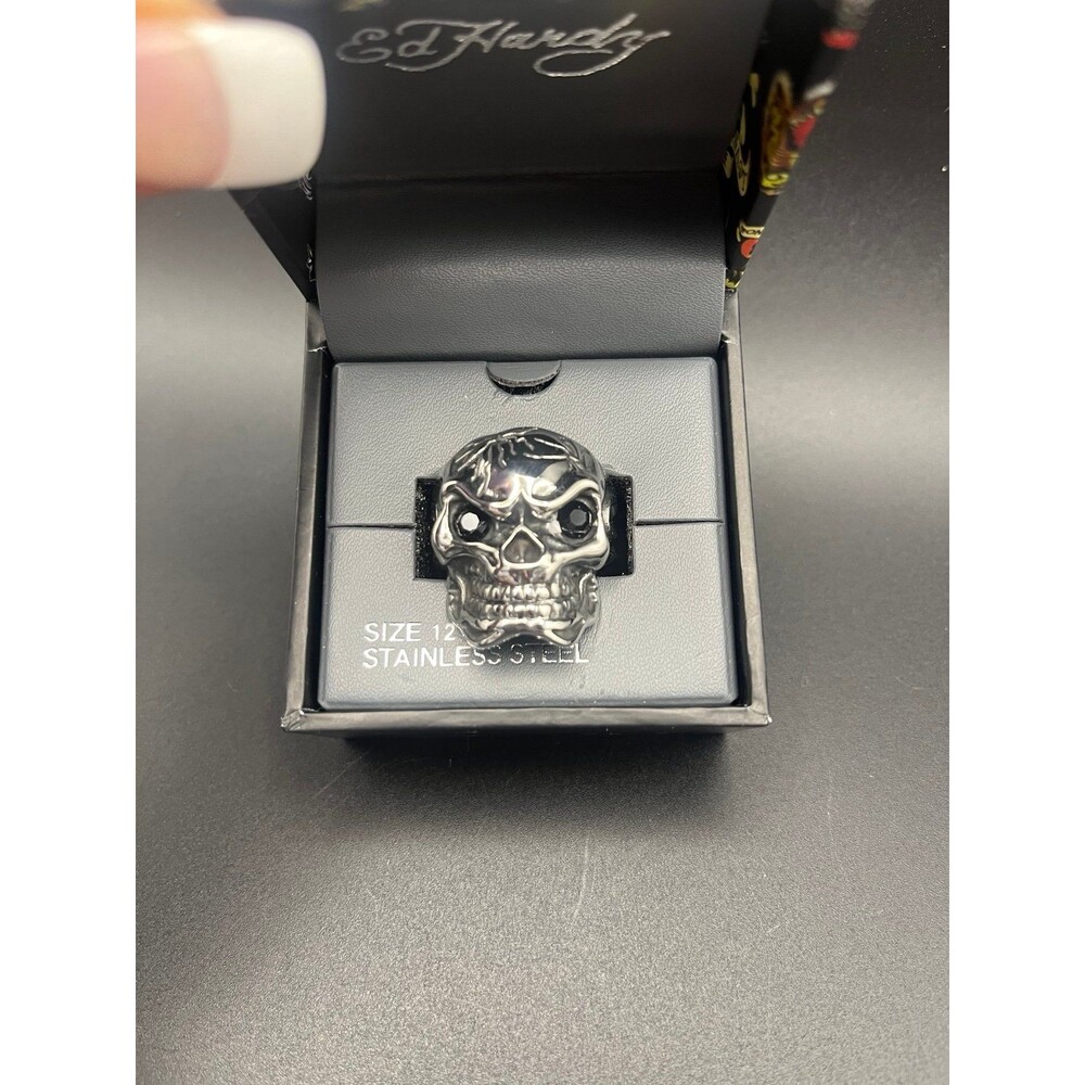 NEW Ed Hardy Skull Rhinestone Eyes Stainless Steel Ring Size 12